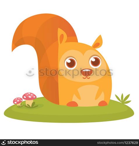 Squirrel sitting on a meadow and waving his hand. Vector illustration with cute animal in cartoon style.