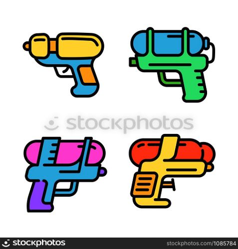 Squirt gun icons set. Outline set of squirt gun vector icons for web design isolated on white background. Squirt gun icons set, outline style