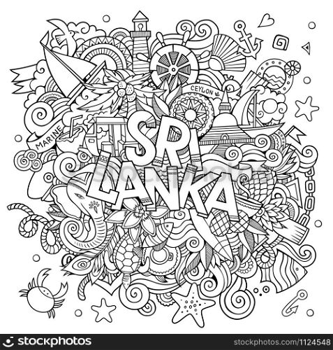 Sri Lanka country hand lettering and doodles elements and symbols background. Vector hand drawn sketchy illustration. Sri Lanka country hand lettering and doodles elements