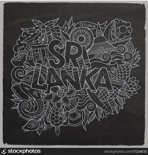 Sri Lanka country hand lettering and doodles elements and symbols background. Vector hand drawn chalkboard illustration. Sri Lanka country hand lettering and doodles elements