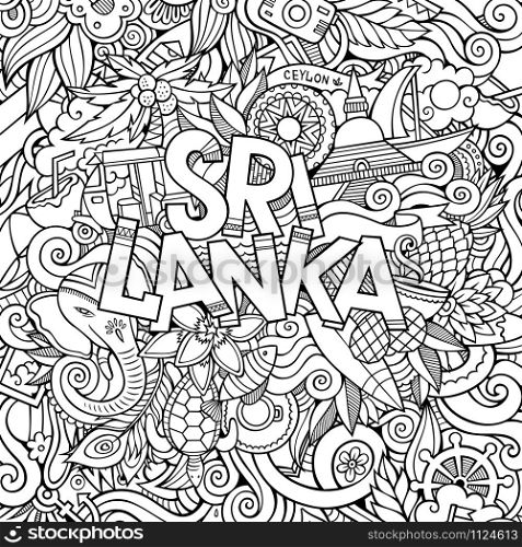 Sri Lanka country hand lettering and doodles elements and symbols background. Vector hand drawn sketchy illustration. Sri Lanka country hand lettering and doodles elements