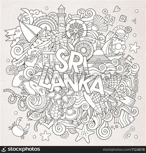 Sri Lanka country hand lettering and doodles elements and symbols background. Vector hand drawn sketchy illustration