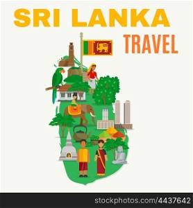 Sri Lanka Flat Illustration. Color flat illustration depicting all features Sri Lunka culture on map of island vector illustration