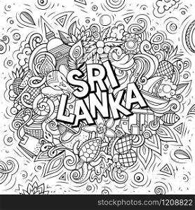 Sri Lanka hand drawn cartoon doodles illustration. Funny travel coloring book. Creative art vector background. Handwritten text with elements and objects. Line art composition. Sri Lanka hand drawn cartoon doodles illustration. Funny design.