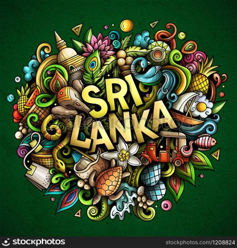 Sri Lanka hand drawn cartoon doodles illustration. Funny travel design. Creative art vector background. Handwritten text with elements and objects. Colorful composition. Sri Lanka hand drawn cartoon doodles illustration. Funny design.
