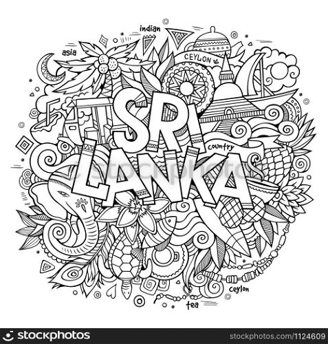 Sri Lanka hand lettering and doodles elements and symbols background. Vector hand drawn sketchy illustration. Sri Lanka country hand lettering and doodles elements