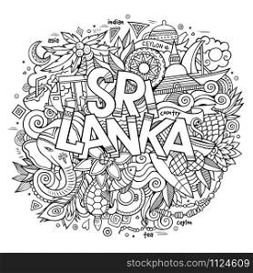 Sri Lanka hand lettering and doodles elements and symbols background. Vector hand drawn sketchy illustration. Sri Lanka country hand lettering and doodles elements