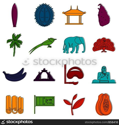 Sri Lanka travel icons set. Doodle illustration of vector icons isolated on white background for any web design. Sri Lanka travel icons doodle set