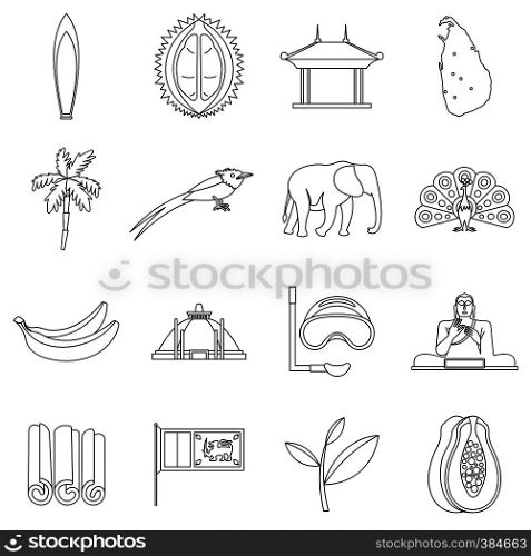 Sri Lanka travel icons set. Outline illustration of 16 Sri Lanka travel vector icons for web. Sri Lanka travel icons set, outline style
