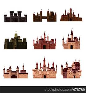 Srt Castles, fortresses architecture middle ages Europe. Srt Castles, fortress, ancient, architecture middle ages Europe, Medieval palaces with high towers and conical roofs, vector, banners, isolated, illustration, cartoon style