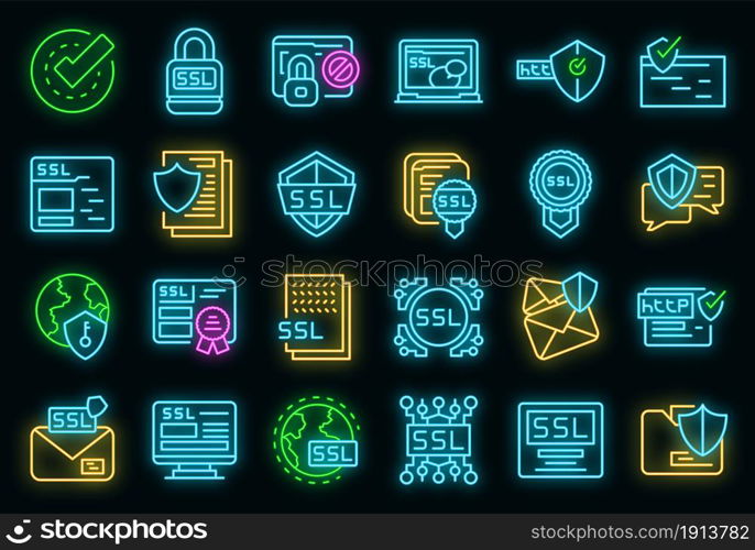 SSL certificate icons set. Outline set of SSL certificate vector icons neon color on black. SSL certificate icons set vector neon