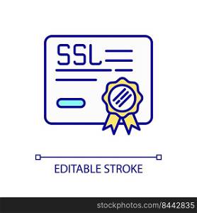 SSL certificate RGB color icon. Ownership of website. Extended validation. Encryption algorithm. Isolated vector illustration. Simple filled line drawing. Editable stroke. Arial font used. SSL certificate RGB color icon