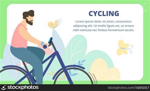 Ssummer Flyer is Written Cycling Cartoon Flat. Adventure Poster Man Speed Riding Bike on Background Summer Nature. Banner Interesting Events on Cycling During Holidays. Vector Illustration.