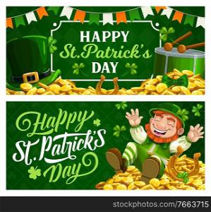 St. Patrick Day cartoon vector banners with leprechaun in green top hat sitting on gold coins pile with horseshoe, shamrocks and drum. Ireland Saint Patricks day traditional festival, celtic party. St. Patrick Day cartoon banners with leprechaun