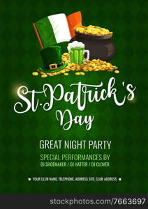 St. Patrick Day cartoon vector poster with top hat, pint of Ireland ale, leprechaun pot with gold and national irish flag. Lettering on green tartan background. Saint Patricks Day party invitation. St. Patrick Day cartoon vector poster, invitation