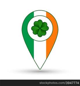 St. Patrick day icon for posters, greeting cards, brochures. Green clover with location mark and Ireland flag. Vector illustration.