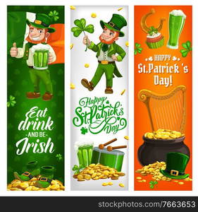 St Patrick day Irish holiday vector banners with leprechaun and Ireland flag. Saint Patrick Day greeting with shamrock clover, leprechaun gold coins in cauldron pot, golden horseshoe and harp. Saint Patrick day holiday, leprechaun, Irish flag