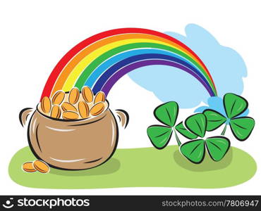 St. Patrick Day pot with coins, rainbow and shamrocks. Vector illustration.