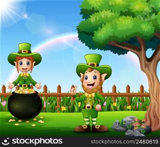 St Patrick exulting with pot of gold