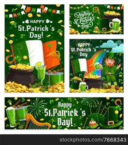 St Patrick leprechaun with gold and shamrock vector design of Irish religion holiday. Green beer, lucky clover leaves and horseshoes, flag of Ireland, pot with golden coins and rainbow, elf and drum. Leprechaun, St Particks Day shamrock and gold