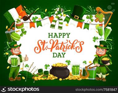 St Patrick leprechauns with green shamrock, beer and pot of gold vector design of Irish holiday. Clover leaves, golden coins and horseshoe, red bearded celtic elves with hat, Ireland flag and drum. Leprechauns, St Patrick shamrock, gold, green beer