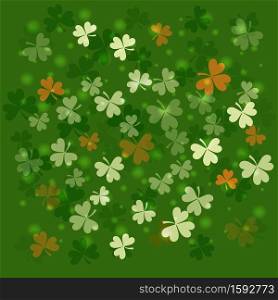 St. Patrick&rsquo;s Day background. Clover leaves in colors of national flag of Ireland on green background. Can be used to create postcards, flyers, banners, wallpapers.