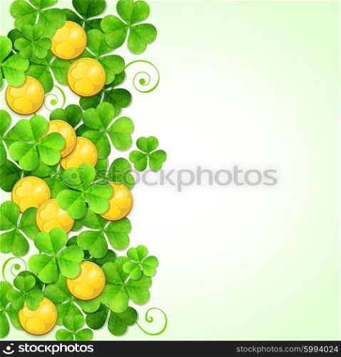 St. Patrick&rsquo;s Day background with green clover leaves and golden coins