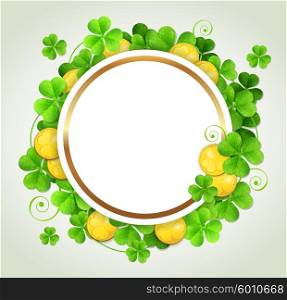 St. Patrick&rsquo;s Day banner with green clover leaves and golden coins