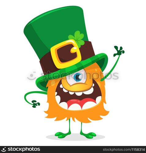 St. Patrick&rsquo;s day. Cartoon one eyed monster wearing irish hat with a four leaf clover isolated on white background. Vector illustration