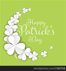 St. Patrick&rsquo;s Day greeting card flyer poster template with few white paper clover leafs