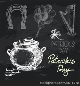 St. Patrick&rsquo;s Day hand drawn chalkboard design set. Black chalk texture