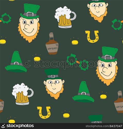 St Patrick&rsquo;s Day hand drawn doodle Seamless pattern, vector illustration background.. St Patrick&rsquo;s Day hand drawn doodle Seamless pattern, vector illustration background