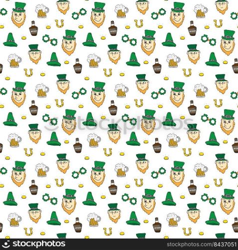 St Patrick&rsquo;s Day hand drawn doodle Seamless pattern, vector illustration background.. St Patrick&rsquo;s Day hand drawn doodle Seamless pattern, vector illustration background