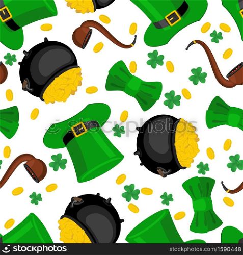 St. Patrick&rsquo;s Day seamless pattern. Leprechaun hat and gold. bow tie and shamrock. Golden coin and pipes. National background Holiday in Ireland. Traditional Irish Festival