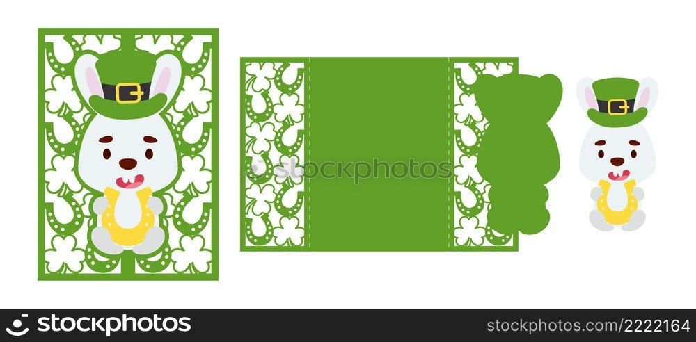 St. Patrick’s Day bunny laser cutting invitation card template. Paper cut out silhouette for plotter and silk screen printing. Vector stock illustration.