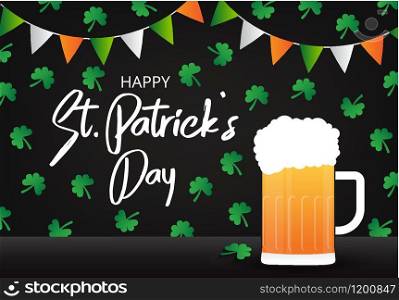 St. Patrick's Day celebration concept, illustration the glass of beer on clover leaf falling black background