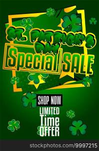 St. Patrick s Day comic book themed fashion sale social media post design or sale poster template. Vector illustration. Retro Cartoon Popup Style.
