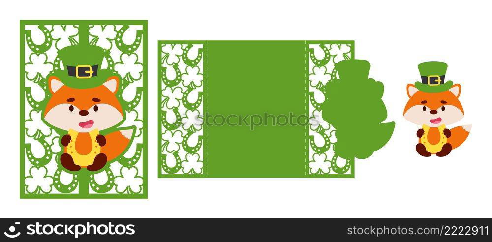 St. Patrick’s Day fox laser cutting invitation card template. Paper cut out silhouette for plotter and silk screen printing. Vector stock illustration.