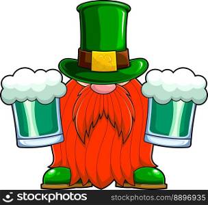 St. Patrick's Day Gnome Cartoon Character Holds Mugs With Beers. Vector Hand Drawn Illustration Isolated On Transparent Background