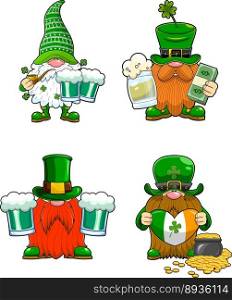 St. Patrick s Day Gnomes Cartoon Characters In Different Poses. Vector Hand Drawn Collection Set Isolated On Transparent Background