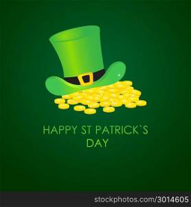 St. Patrick s Day greeting. Vector illustration.Happy St. Patrick s Day Vector.. St. Patrick&rsquo;s Day greeting card, poster, banner. Vector illustration. Text Happy St Patrick s Day with Green hat and gold coins