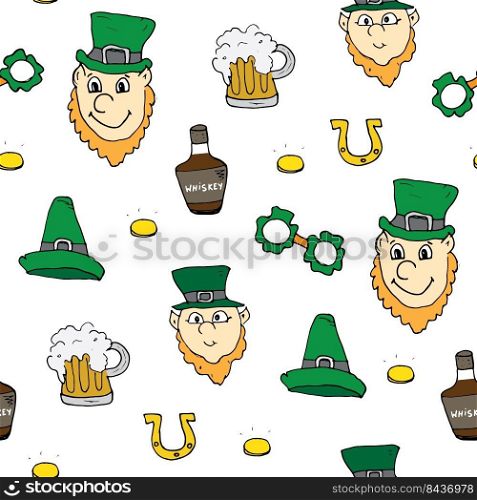 St Patrick’s Day hand drawn doodle Seamless pattern, vector illustration background.. St Patrick’s Day hand drawn doodle Seamless pattern, vector illustration background