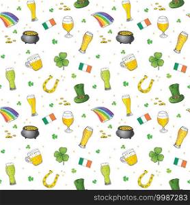 St Patrick’s Day hand drawn doodle Seamless pattern, with leprechaun hat, pot of gold coins, rainbow, beer, four leaf clover, horseshoe, celtic harp vector illustration background. St Patrick’s Day hand drawn doodle Seamless pattern, with leprechaun hat, pot of gold coins, rainbow, beer, four leaf clover, horseshoe, celtic harp vector illustration background.