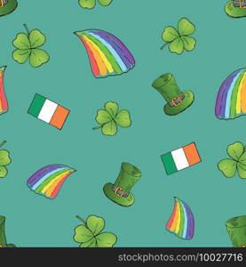 St Patrick’s Day hand drawn doodle Seamless pattern, with leprechaun hat, rainbow, four leaf clover, flag of Ireland vector illustration background. St Patrick’s Day hand drawn doodle Seamless pattern, with leprechaun hat, rainbow, four leaf clover, flag of Ireland vector illustration background.