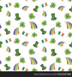 St Patrick’s Day hand drawn doodle Seamless pattern, with leprechaun hat, rainbow, four leaf clover, flag of Ireland vector illustration background. St Patrick’s Day hand drawn doodle Seamless pattern, with leprechaun hat, rainbow, four leaf clover, flag of Ireland vector illustration background.