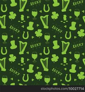 St Patrick’s Day hand drawn seamless pattern, with leprechaun hat, coins, beer cup, four leaf clover, horseshoe and celtic harp vector illustration.. St Patrick’s Day hand drawn seamless pattern, with leprechaun hat, coins, beer cup, four leaf clover, horseshoe and celtic harp vector illustration