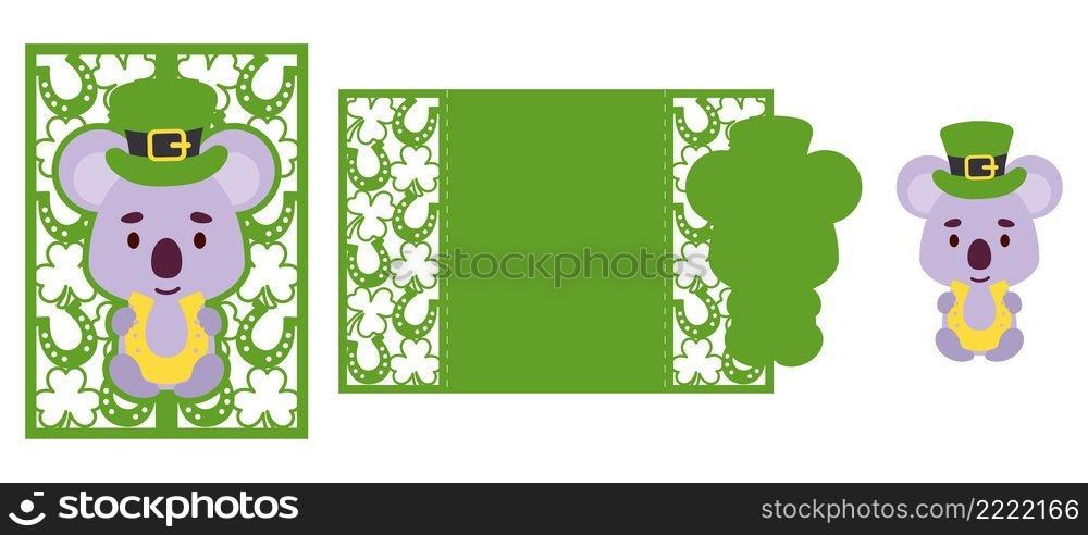 St. Patrick’s Day koala laser cutting invitation card template. Paper cut out silhouette for plotter and silk screen printing. Vector stock illustration.