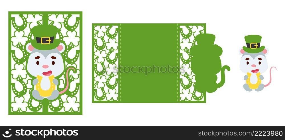 St. Patrick’s Day opossum laser cutting invitation card template. Paper cut out silhouette for plotter and silk screen printing. Vector stock illustration.