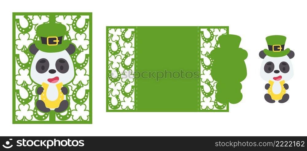 St. Patrick’s Day Panda laser cutting invitation card template. Paper cut out silhouette for plotter and silk screen printing. Vector stock illustration.
