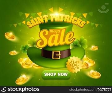 St. Patrick’s day sale popup ads with green leprechaun hat and golden coins. St. Patrick’s day sale popup ads